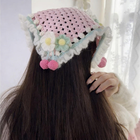 Cherry Blossom Crochet Triangle Headscarf Handmade Floral Bandana Cottagecore Pink