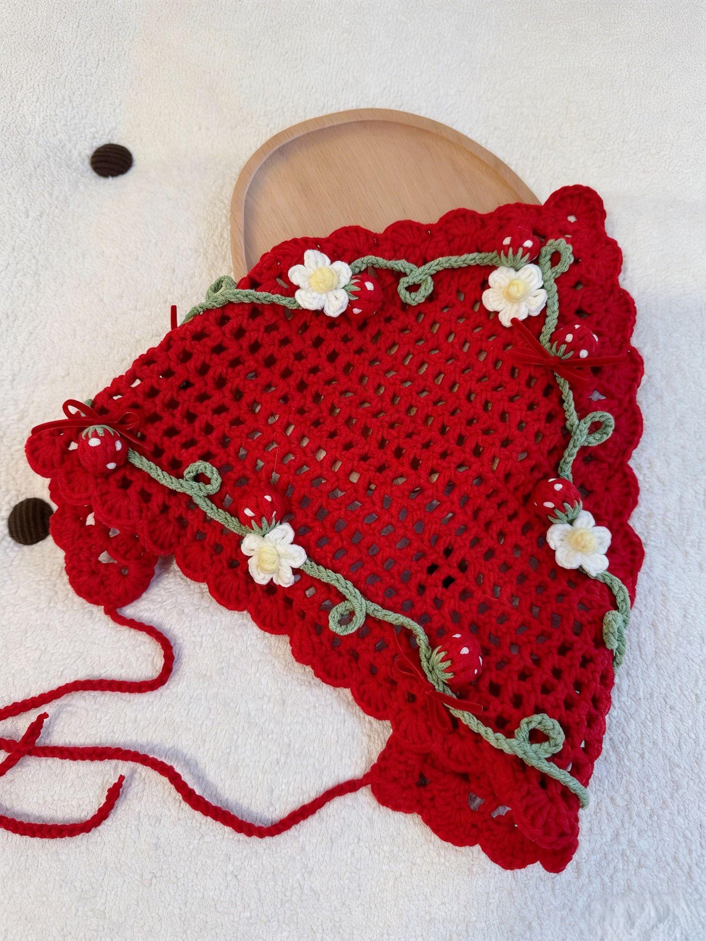 Red Crochet Triangle Headscarf Handmade Bandana Milk Cotton Hair Scarf
