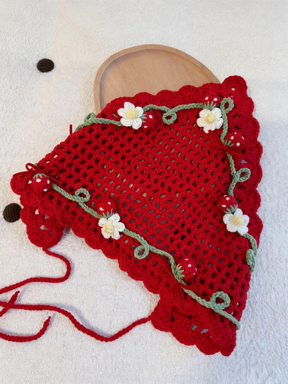 Red Crochet Triangle Headscarf Handmade Bandana Milk Cotton Hair Scarf