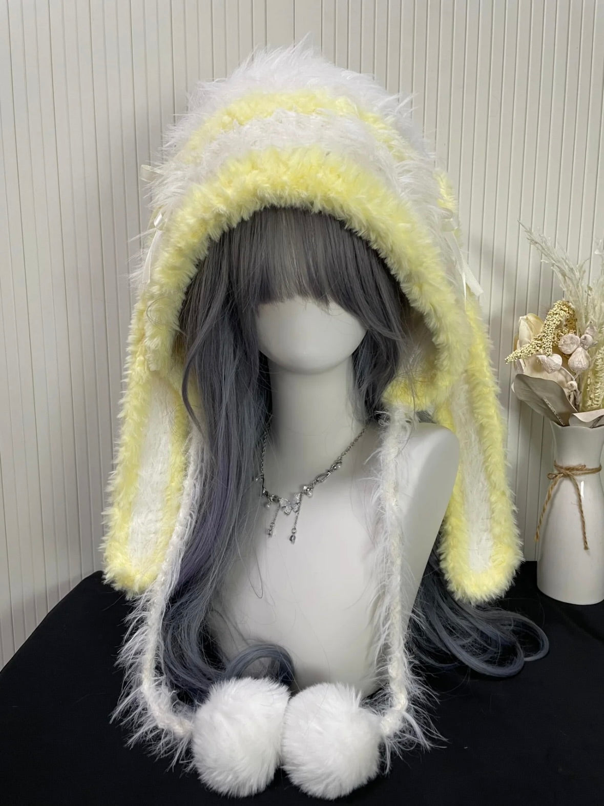 Cremegelbe Hasenohren-Kapuze, Kawaii Plüsch Hasenmütze, Einheitsgröße, Kuscheliges Winteraccessoire