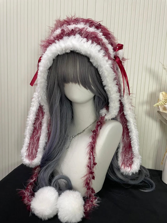 Rot-weiße Hasenohren-Kapuze, Kawaii Plüsch Hasenmütze, Einheitsgröße, Gemütliches Winteraccessoire
