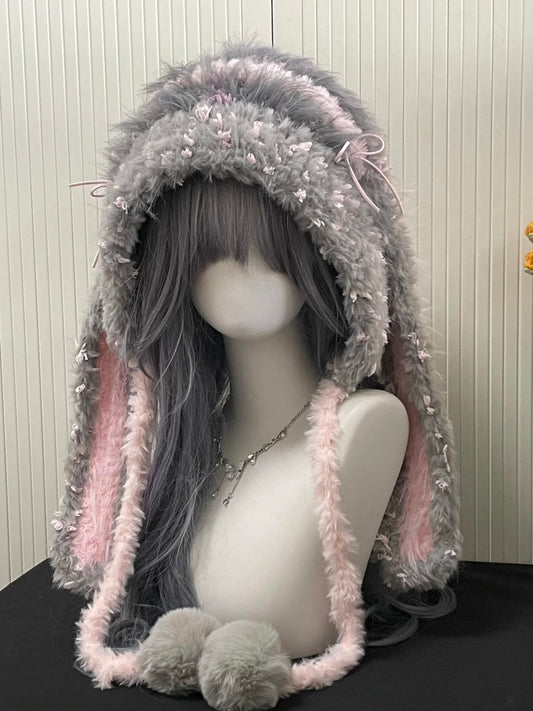 Grau-rosa Kapuze mit Hasenohren, Kawaii Plüsch-Hasenhut, Einheitsgröße, Kuscheliges Winteraccessoire
