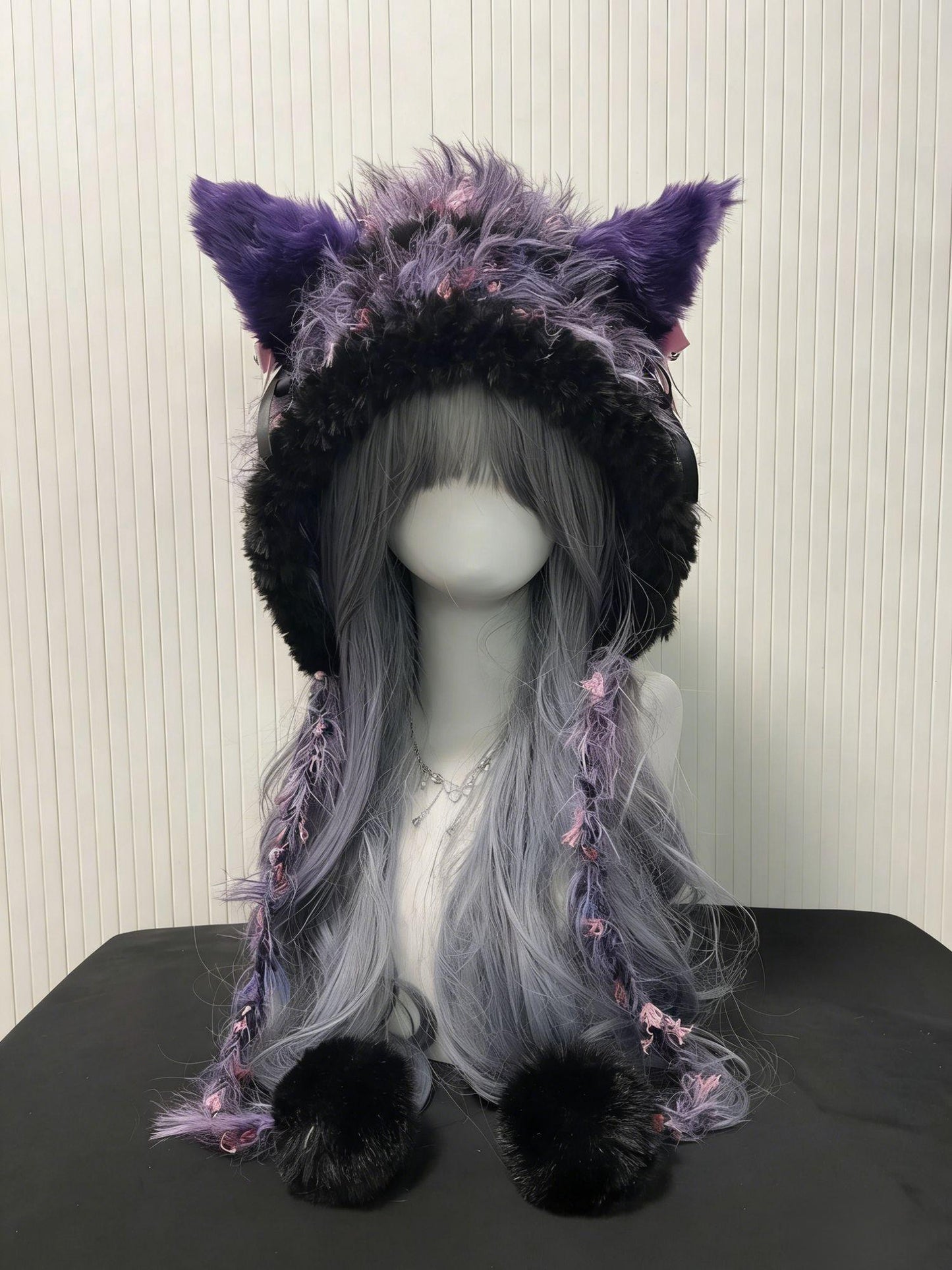 Black Purple Wolf-Eared Hood – Fluffy Crochet Wolf Hat, Cute Kawaii Winter Ear Hood