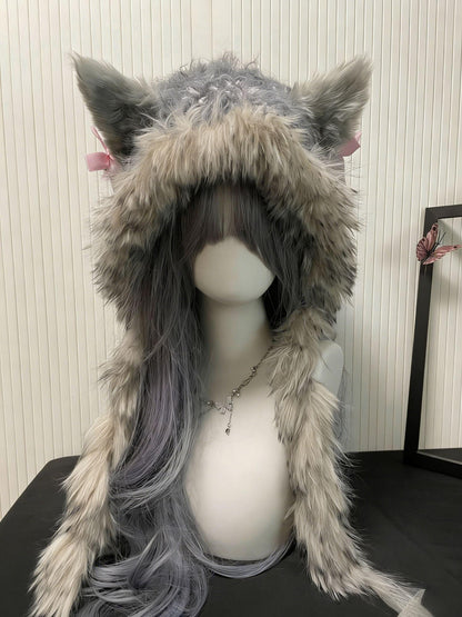 Mütze Grauer Wolf mit Ohren – Handgemachter Gehäkelter Tier-Kapuzenschal