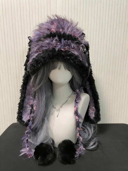 Capuche oreilles de lapin noire et violette, chapeau de lapin en peluche Kawaii, taille unique