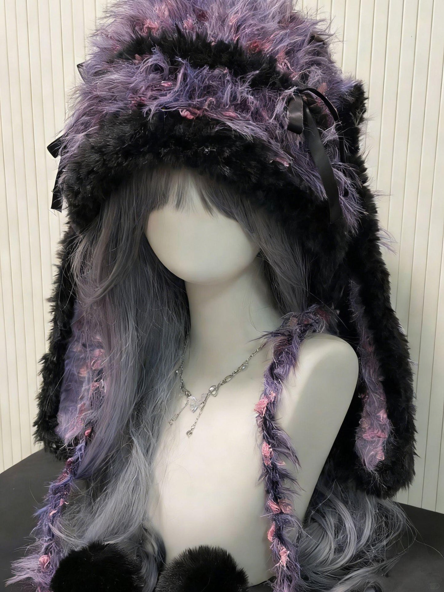Black & Purple Bunny-eared Hood, Kawaii Plush Bunny Hat, One Size