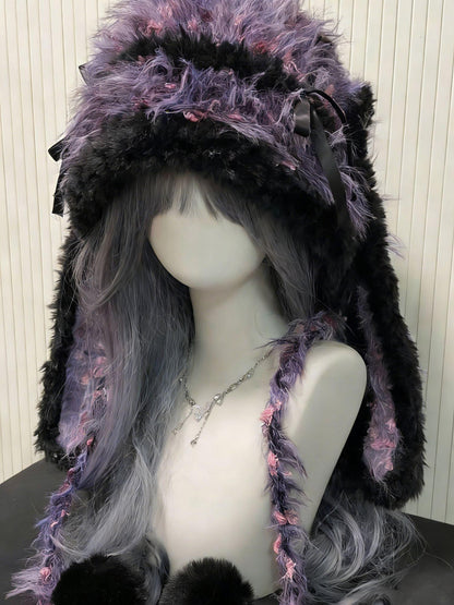 Black & Purple Bunny-eared Hood, Kawaii Plush Bunny Hat, One Size