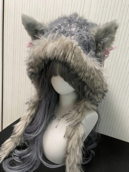 Mütze Grauer Wolf mit Ohren – Handgemachter Gehäkelter Tier-Kapuzenschal