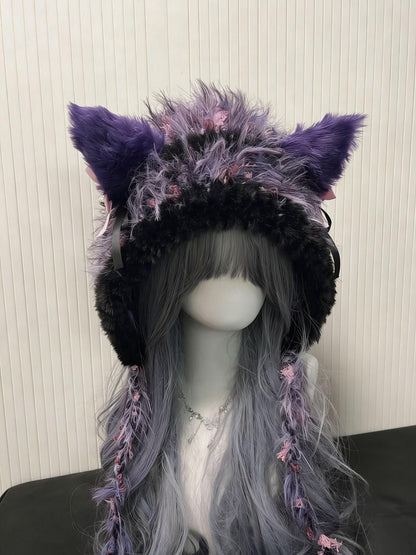 Black Purple Wolf-Eared Hood – Fluffy Crochet Wolf Hat, Cute Kawaii Winter Ear Hood