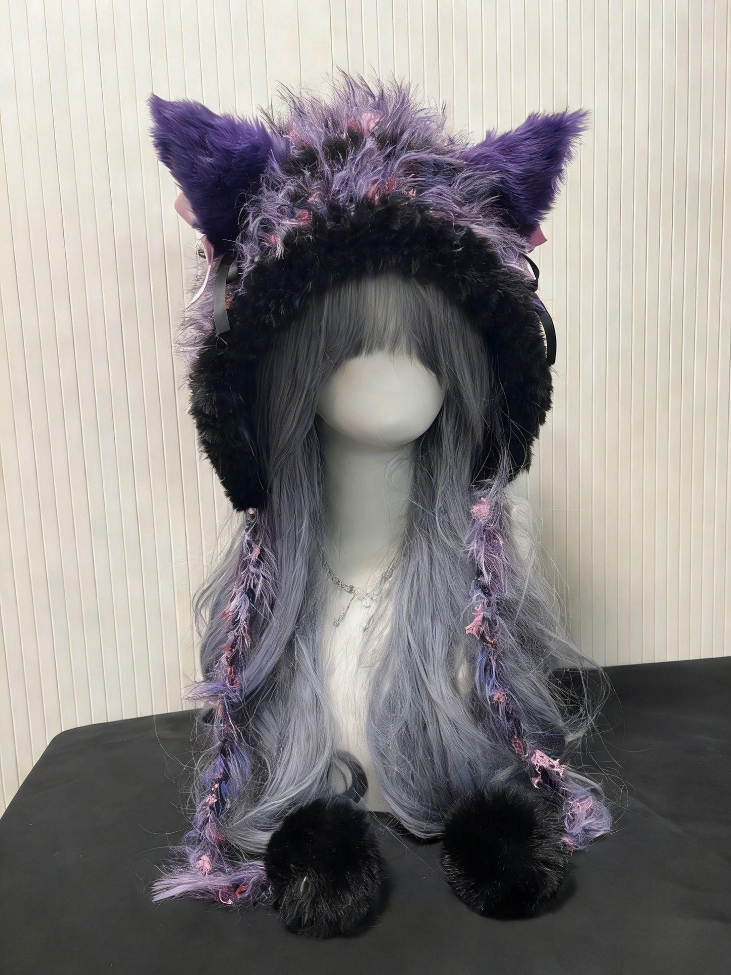 Black Purple Wolf-Eared Hood – Fluffy Crochet Wolf Hat, Cute Kawaii Winter Ear Hood