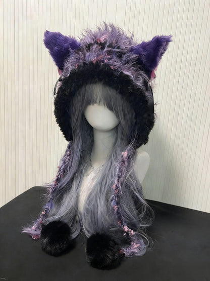 Black Purple Wolf-Eared Hood – Fluffy Crochet Wolf Hat, Cute Kawaii Winter Ear Hood