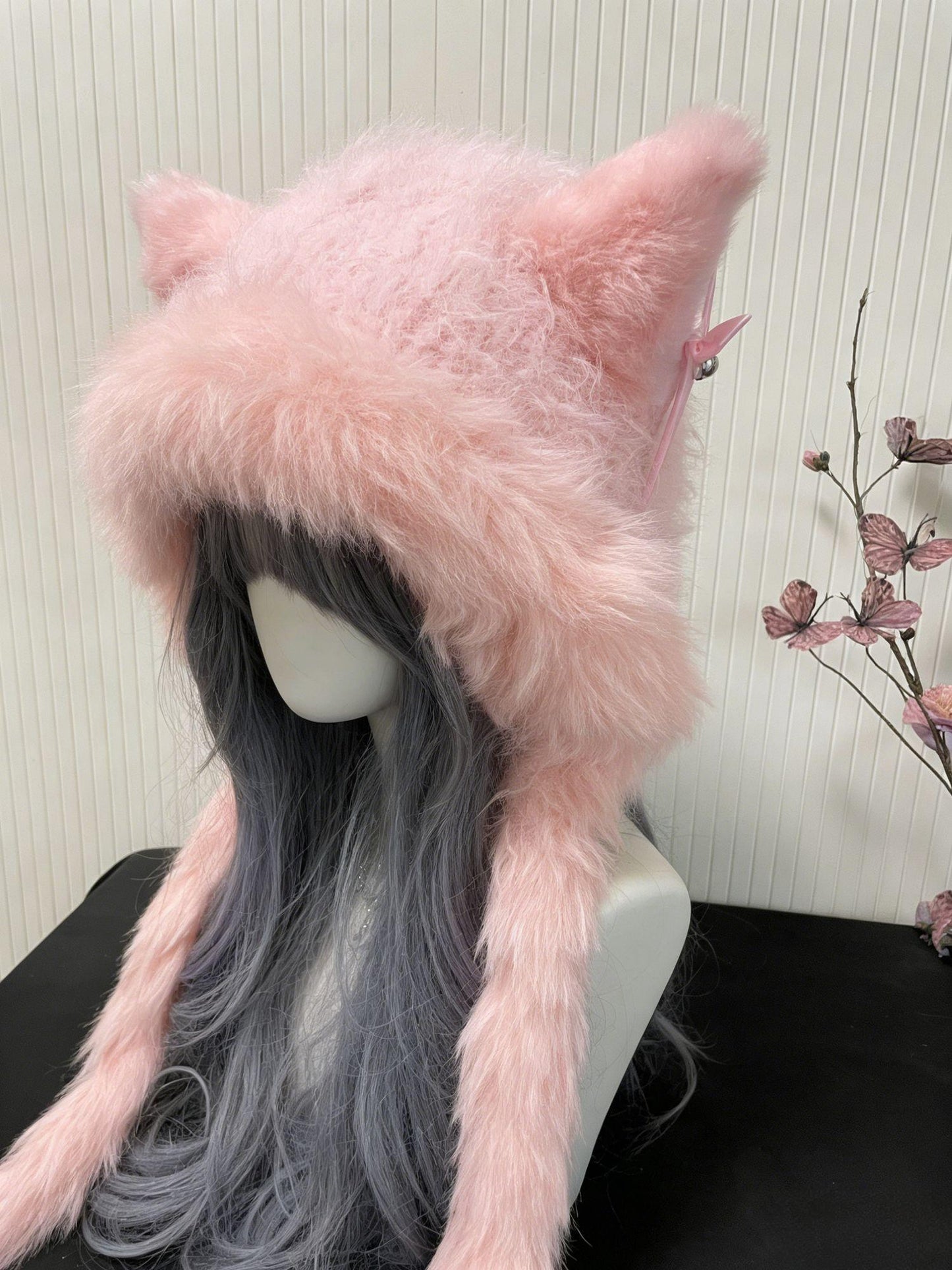 Pink Wolf Ear Fluffy Hat – Handmade Crochet Animal Hood Scarf