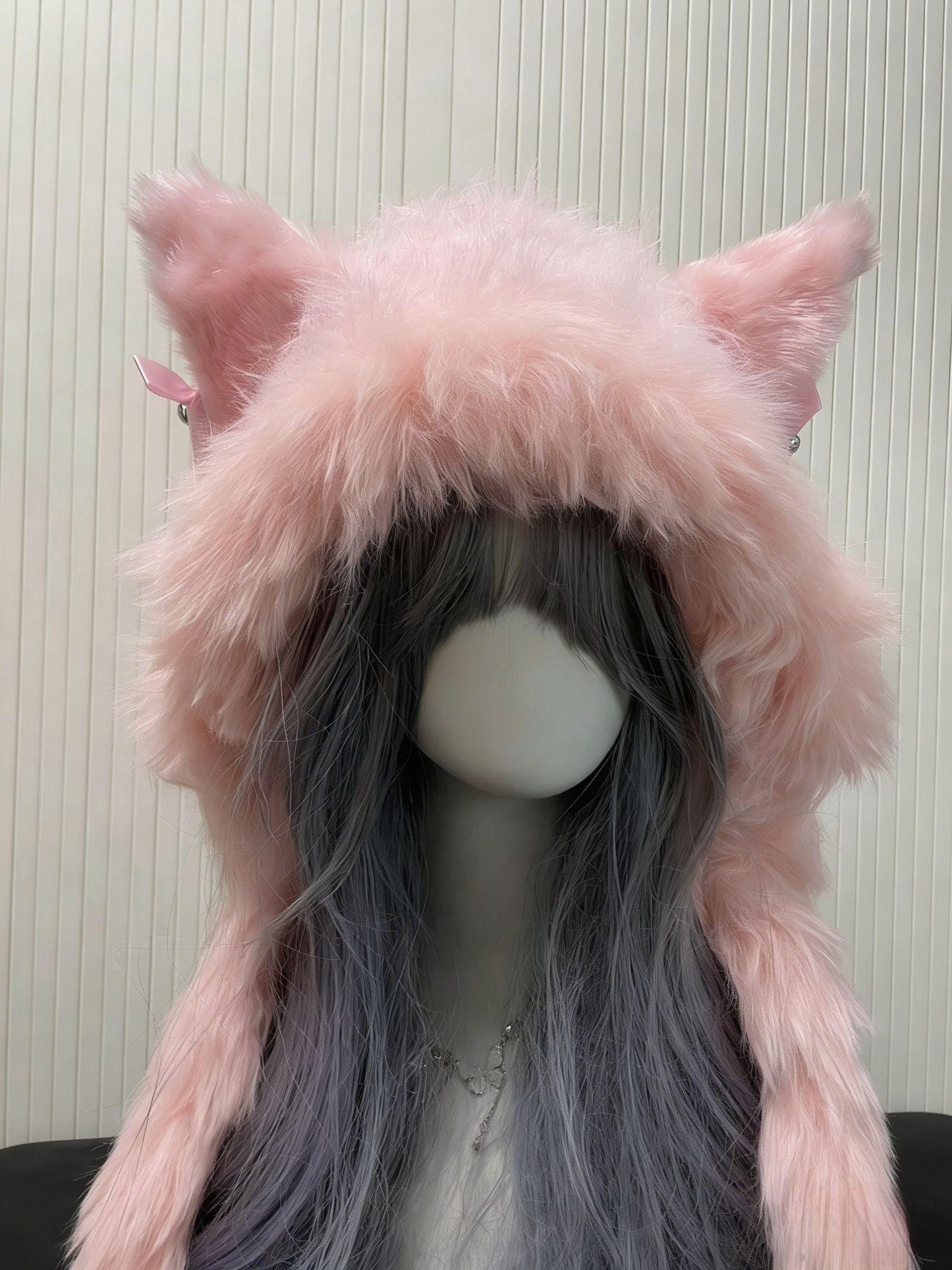 Pink Wolf Ear Fluffy Hat – Handmade Crochet Animal Hood Scarf