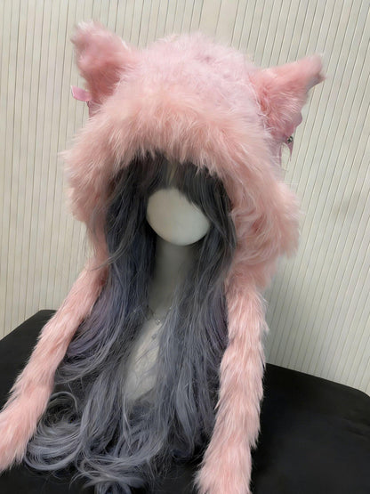 Pink Wolf Ear Fluffy Hat – Handmade Crochet Animal Hood Scarf