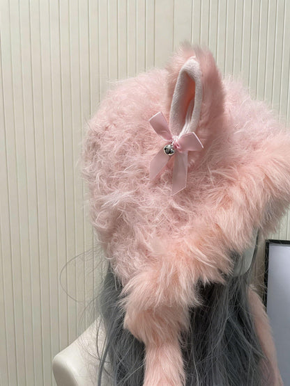 Pink Wolf Ear Fluffy Hat – Handmade Crochet Animal Hood Scarf