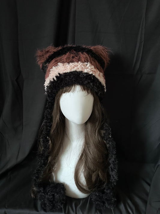 Crochet Cat Ear Beanie: Black & Pink Kitty Hat