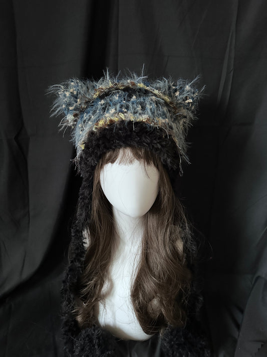 Crochet Cat Ear Beanie: Blue & Black Gradient Kitty Hat