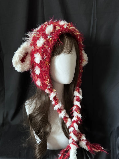 Rot-weiße Lamm-Ohren-Kapuze, Kawaii handgemachte Tiermütze, niedliche Winterkapuze