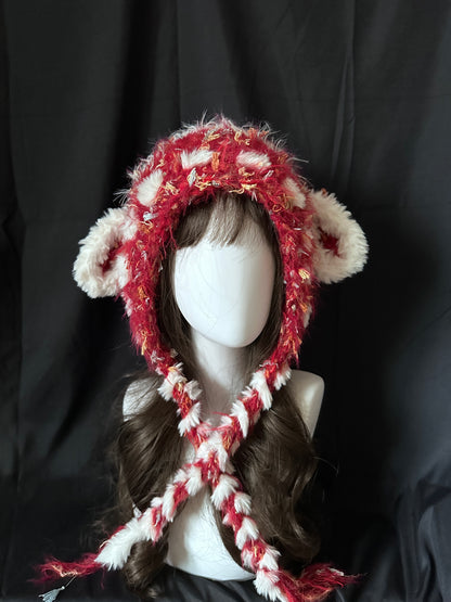 Rot-weiße Lamm-Ohren-Kapuze, Kawaii handgemachte Tiermütze, niedliche Winterkapuze