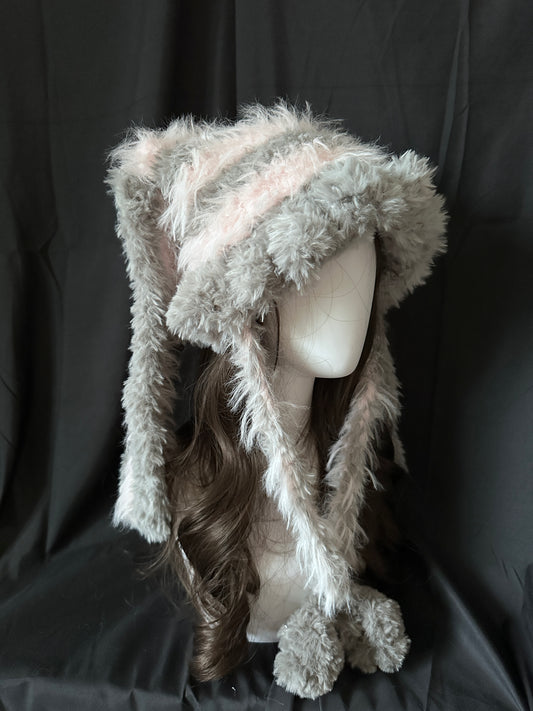 Crochet Cat Ear Beanie: Gray & Pink Bunny Jellyfish Hat