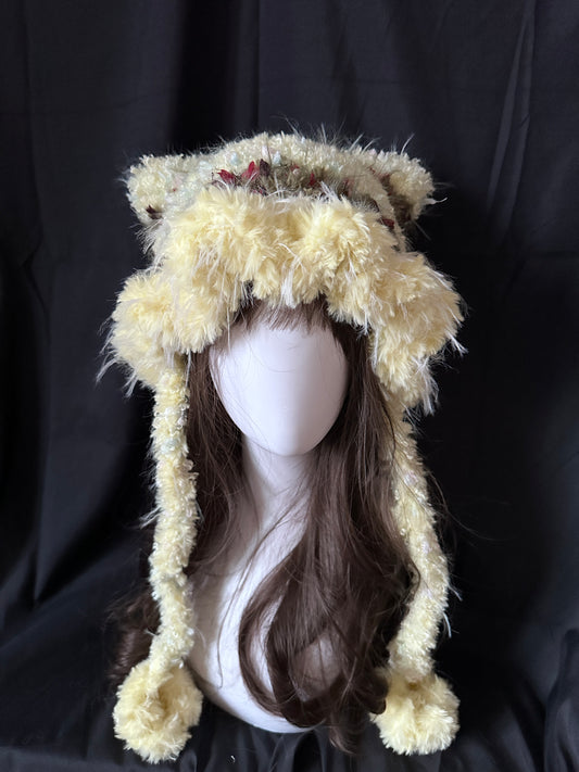 Crochet Cat Ear Beanie: Vibrant Yellow-Green Jellyfish Hat