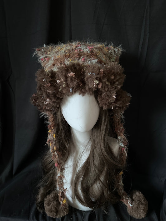 Crochet Cat Ear Beanie: Floral Mocha Jellyfish Hat