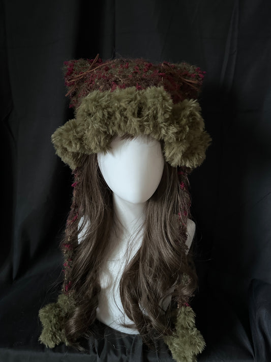 Crochet Cat Ear Beanie: Forest Green Jellyfish Hat