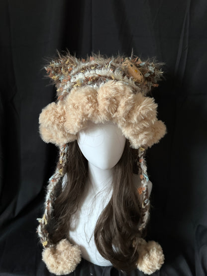 Fluffy Kitty Cat Ear Hat – Handmade Caramel Furry Hood, Cozy Kawaii Winter Bonnet