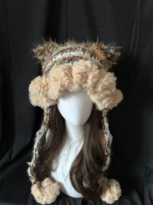 Crochet Cat Ear Beanie: Black Faux Leather Kitty Jellyfish Hat
