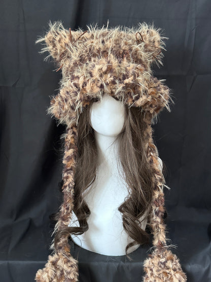 Leopard Cat-Eared Hat, Kawaii Animal Ear Beanie, Cute Handmade Winter Hat