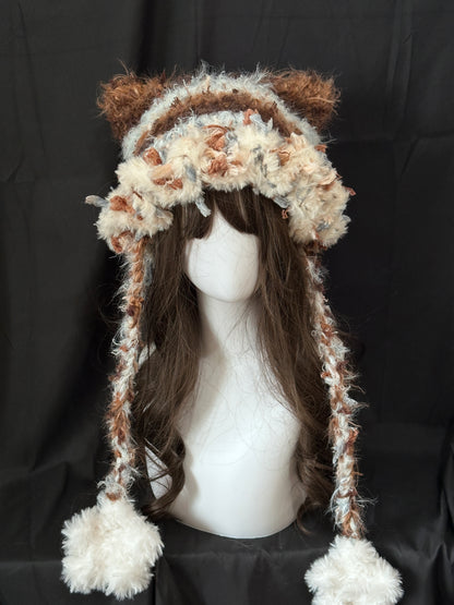 Karamell-Latte-Katzenohren-Mütze – Handgemachte Häkelmütze im Kawaii-Stil, abnehmbare Katzenohren