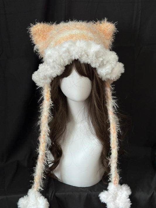 Crochet Cat Ear Beanie: Warm Orange Jellyfish Hat