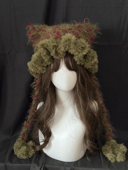 Chapeau à Oreilles de Chat Marron Vert Forêt – Bonnet Doux en Fourrure Fait Main, Capuche Douillette Cottagecore