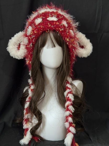 Rot-weiße Lamm-Ohren-Kapuze, Kawaii handgemachte Tiermütze, niedliche Winterkapuze