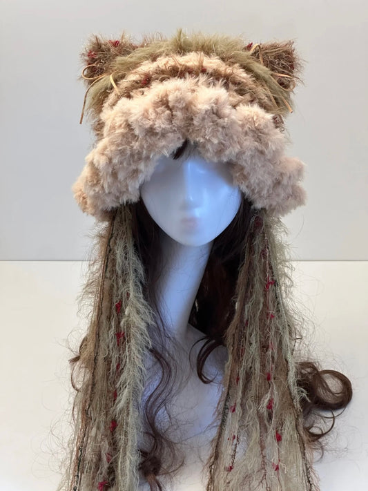Crochet Cat Ear Beanie: Creamy Mocha Wild Kitty Jellyfish Hat