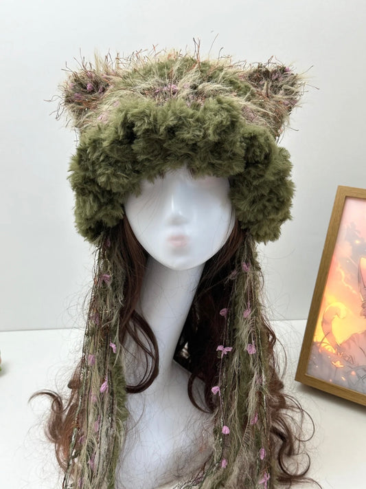 Crochet Cat Ear Beanie: Pine Green Rose Jellyfish Hat