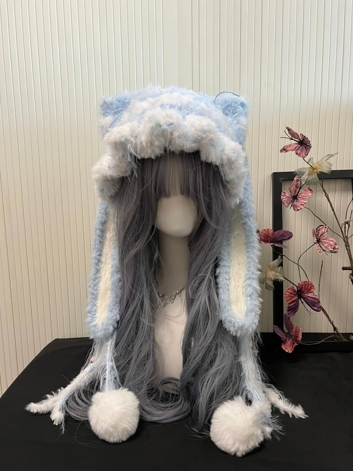 Crochet Cat Ear Beanie: Blue & White Detachable Bunny Ear Hat