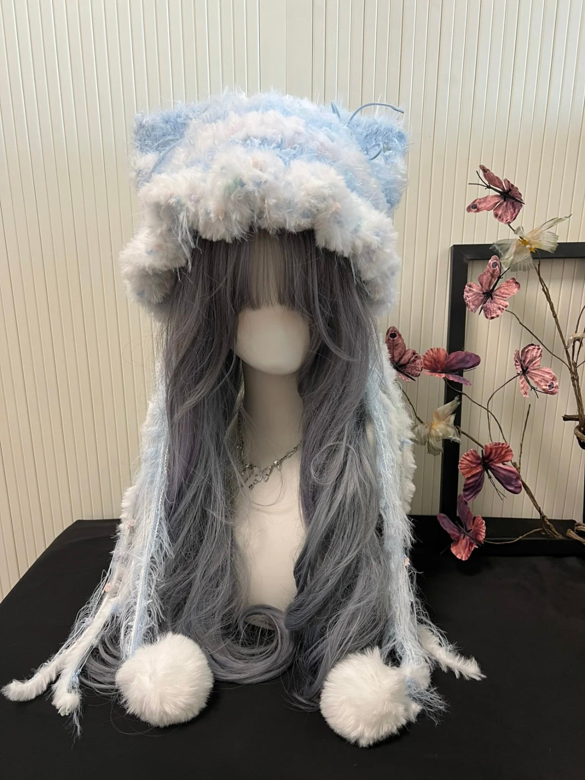 Crochet Cat Ear Beanie: Blue & White Detachable Bunny Ear Hat