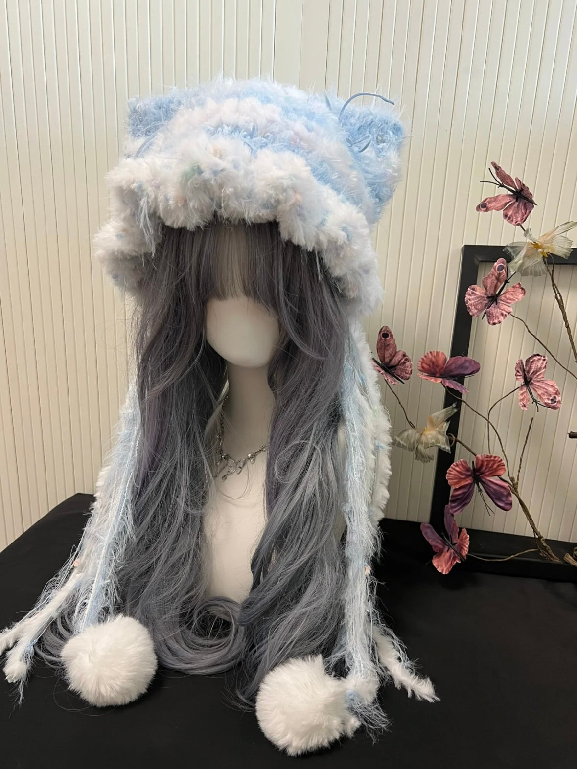 Crochet Cat Ear Beanie: Blue & White Detachable Bunny Ear Hat