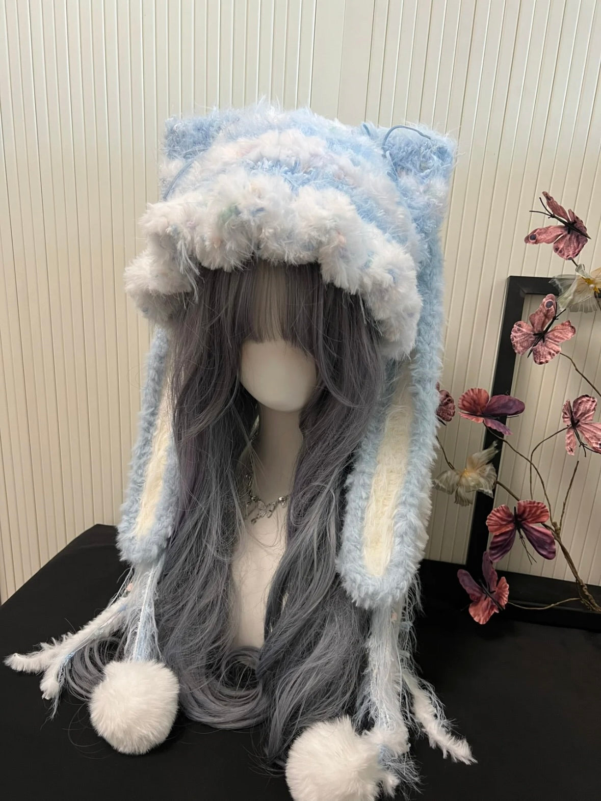 Crochet Cat Ear Beanie: Blue & White Detachable Bunny Ear Hat
