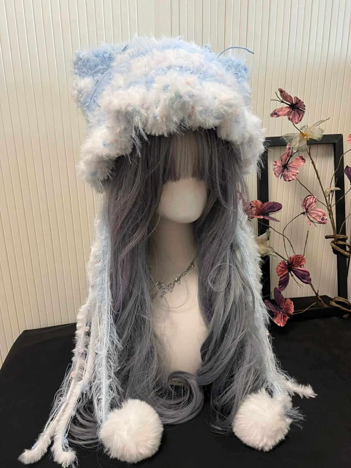 Crochet Cat Ear Beanie: Blue & White Detachable Bunny Ear Hat