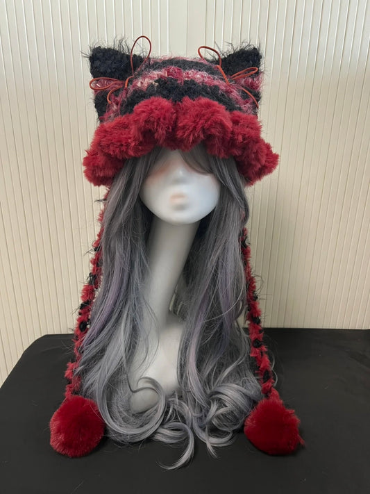 Crochet Cat Ear Beanie: Black Red Jellyfish Hat