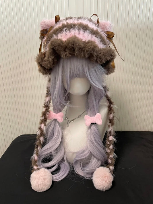 Crochet Cat Ear Beanie: Pink Brown Jellyfish Hat