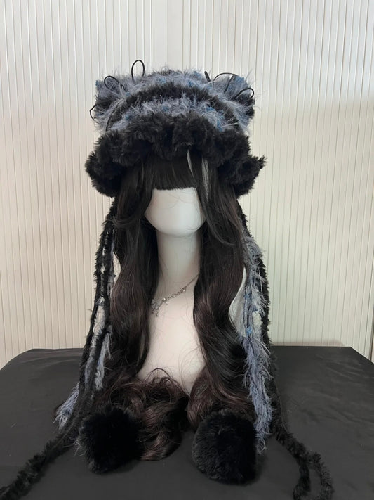 Crochet Cat Ear Beanie: Blue Black Jellyfish Hat