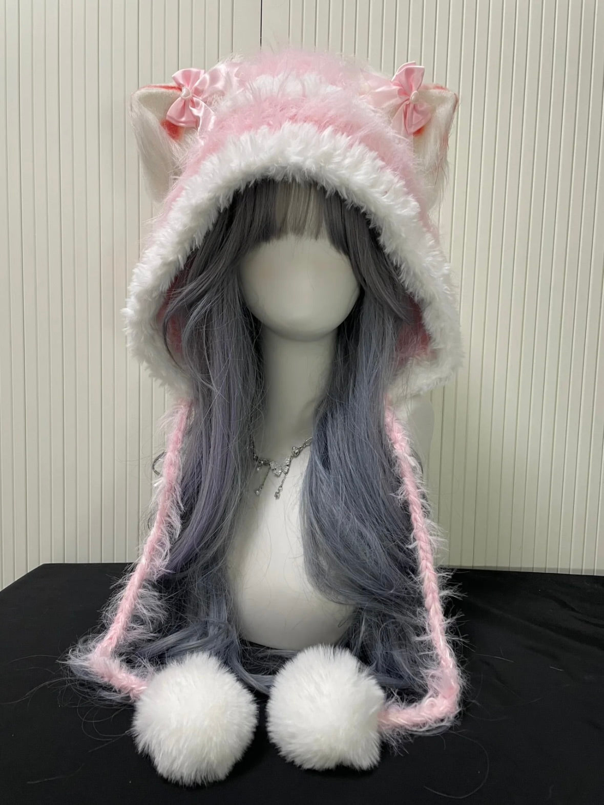 Crochet Cat Ear Hood: Pink White Cat Ear Hood