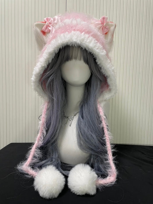 Crochet Cat Ear Hood: Pink White Cat Ear Hood
