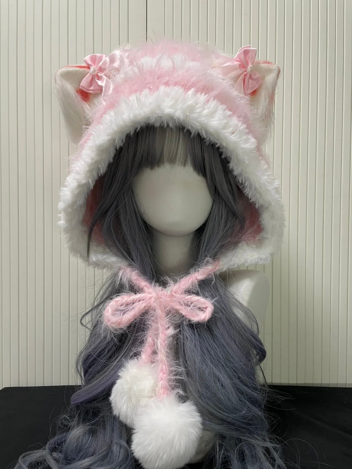 Crochet Cat Ear Hood: Pink White Cat Ear Hood
