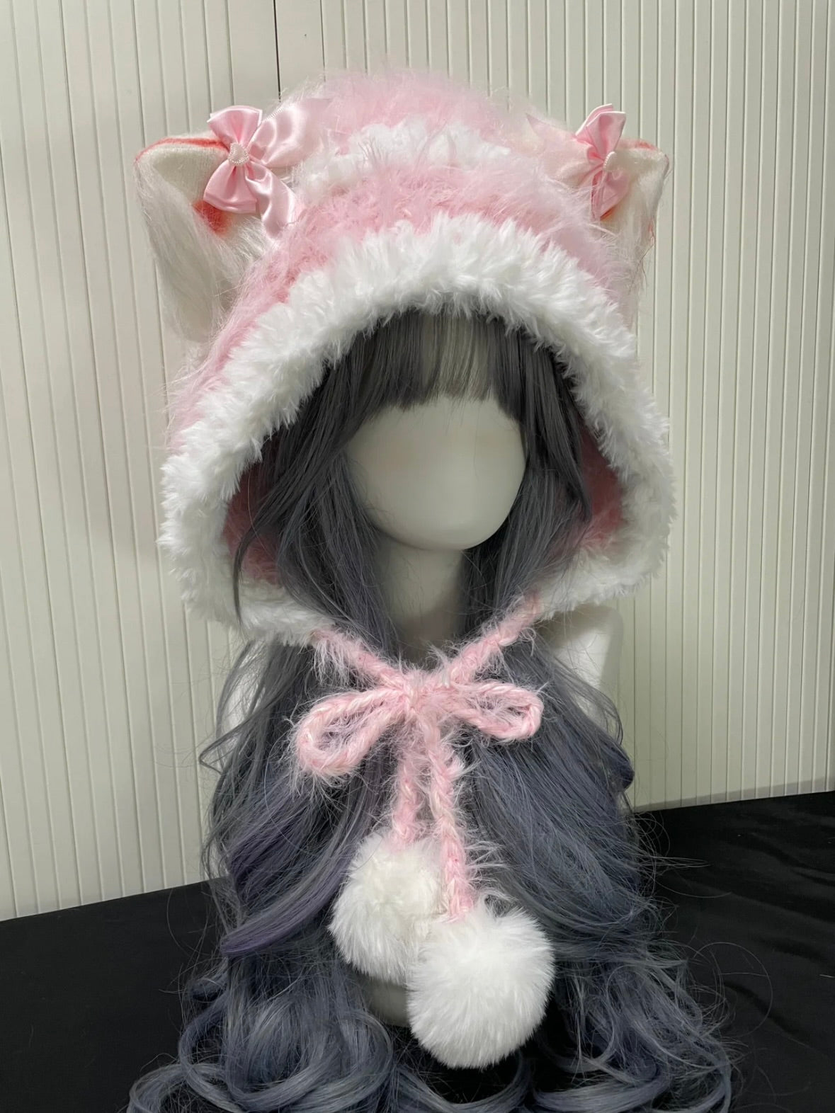 Crochet Cat Ear Hood: Pink White Cat Ear Hood