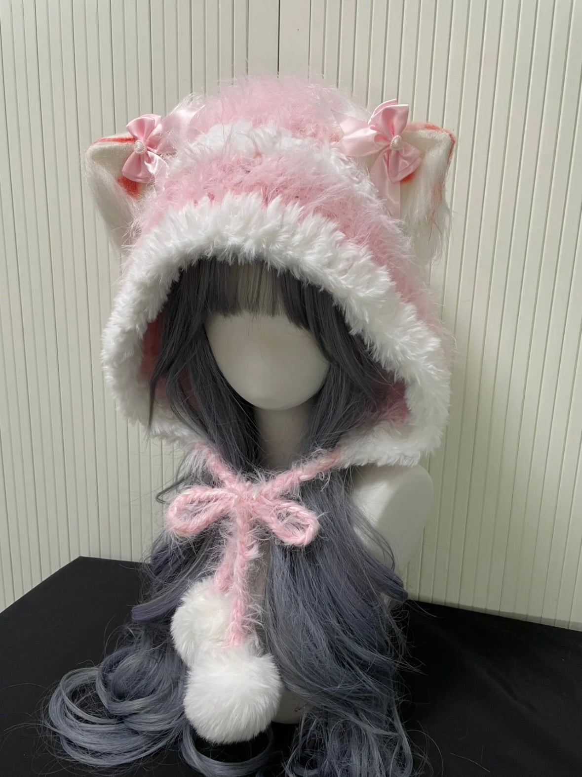 Crochet Cat Ear Hood: Pink White Cat Ear Hood