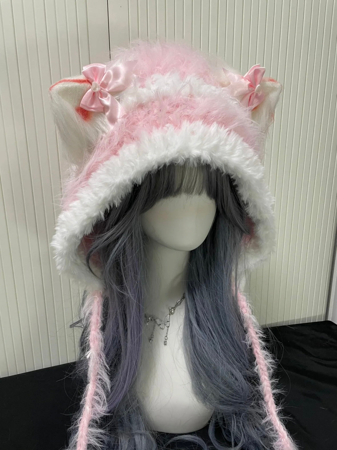 Crochet Cat Ear Hood: Pink White Cat Ear Hood